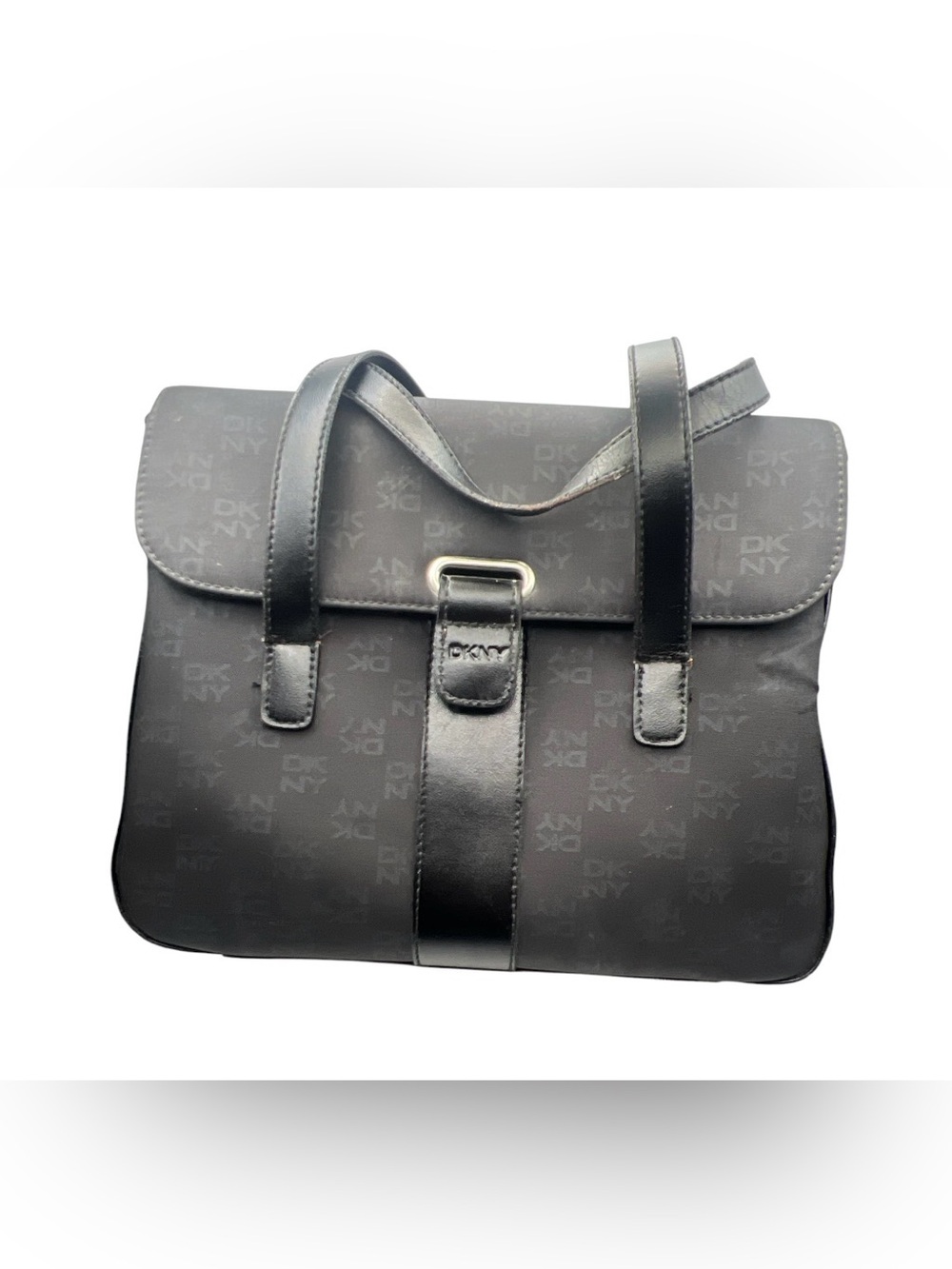 VTG DKNY Black Monogram Nylon Shoulder Bag Y2K Buckle Accent Hobo Purse